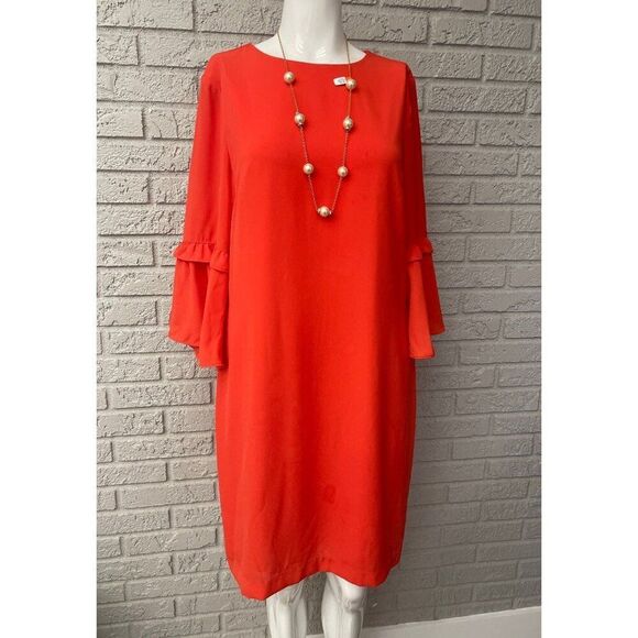 Banana Republic Women Red 3/4 Length Ruffle Sleeve Shift Dress Size 8 - Picture 1 of 8